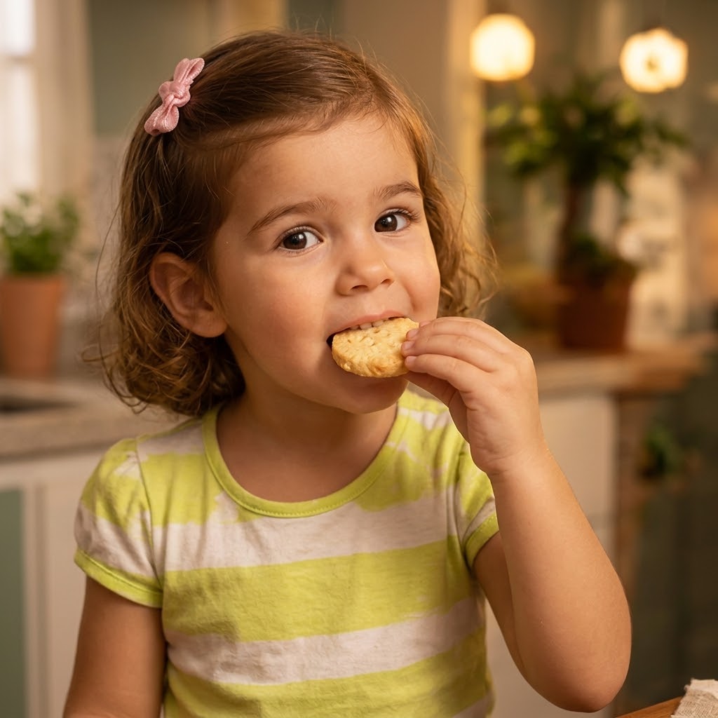 Criança saboreando um biscoito artesanal CRAQUEÊ